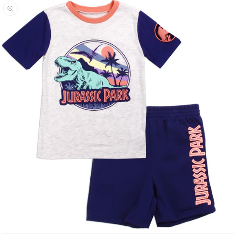 Jurassic Park Boys' 2-Piece Dino Graphic Tee - Shorts Set – Navy & Coral
